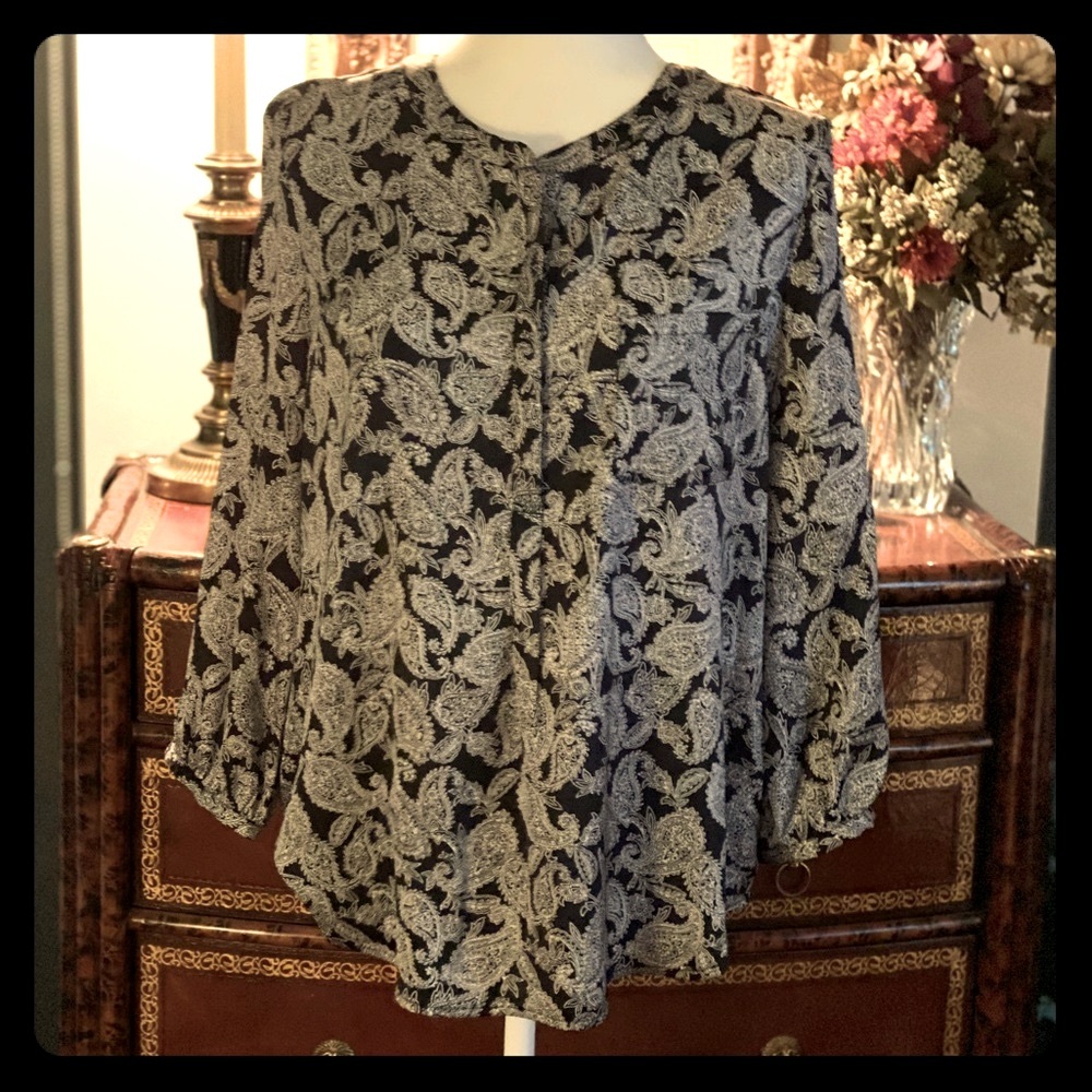 Liz Claiborne Silky Black & White Paisley Blouse L